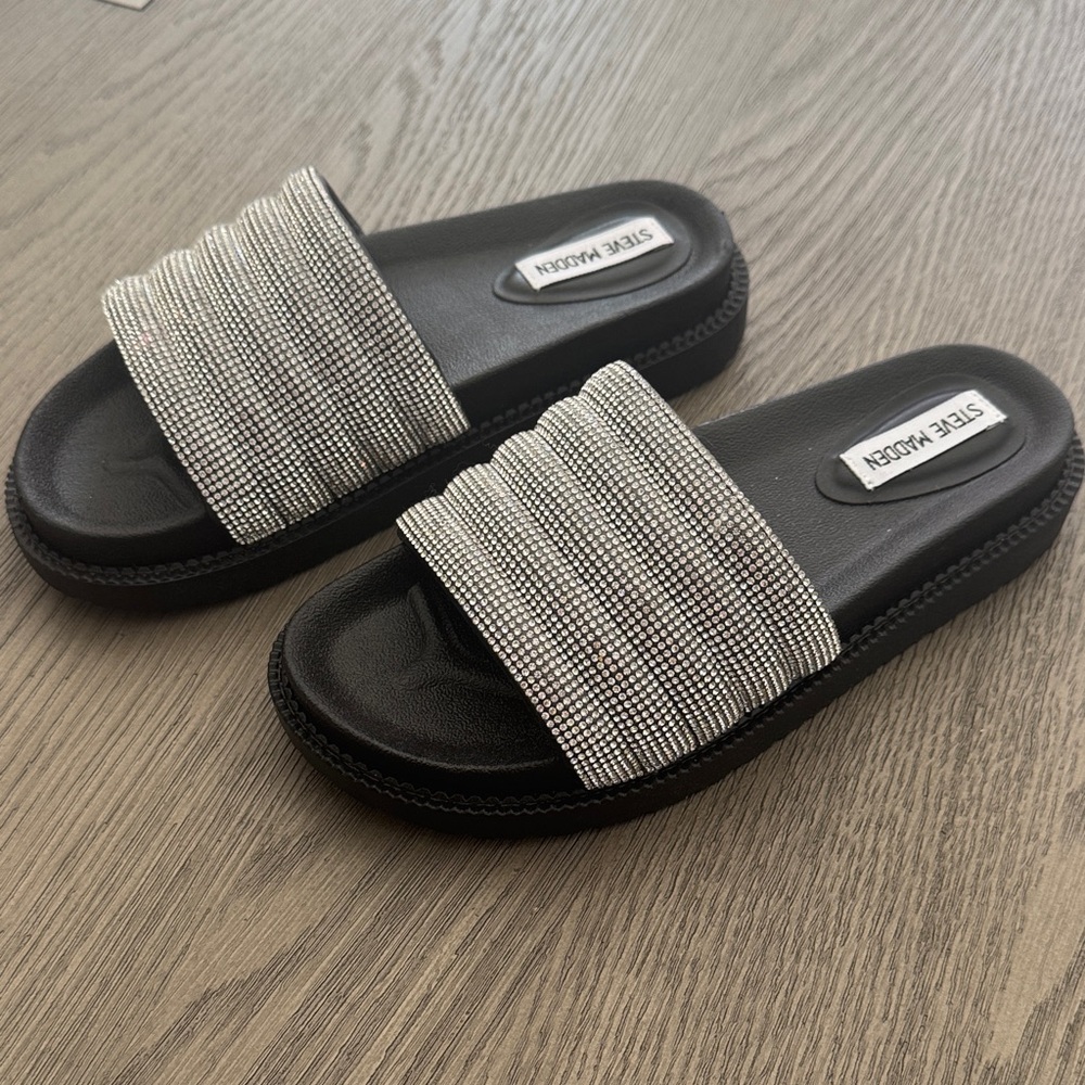 Steve Madden Black Slides with Silver Rhinestone Straps